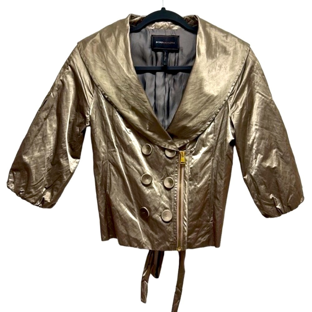 BCBGMAXAZRIA Jacket‎ Women’s Metallic Gold Bubble Sleeve Shawl Collar Cropped XS